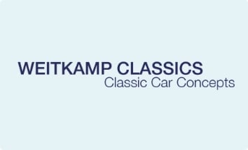 Logo mit Text: WEITKAMP CLASSICS in fetten, dunkelblauen Buchstaben über Classic Car Concepts in kleinerer, normaler Schrift auf hellblauem Hintergrund.
